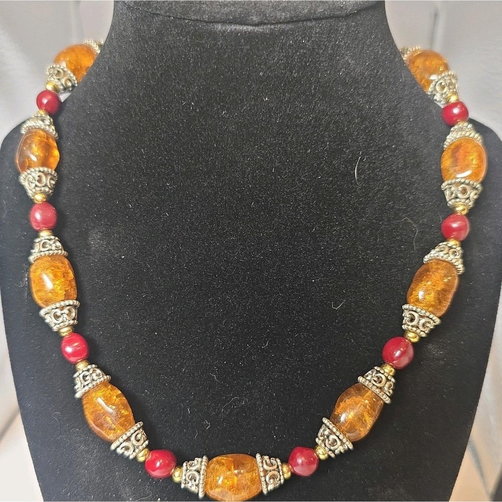 Estate Costume Amber Glass Bead Necklace Wine Burgundy Beads Silver Tone 18"